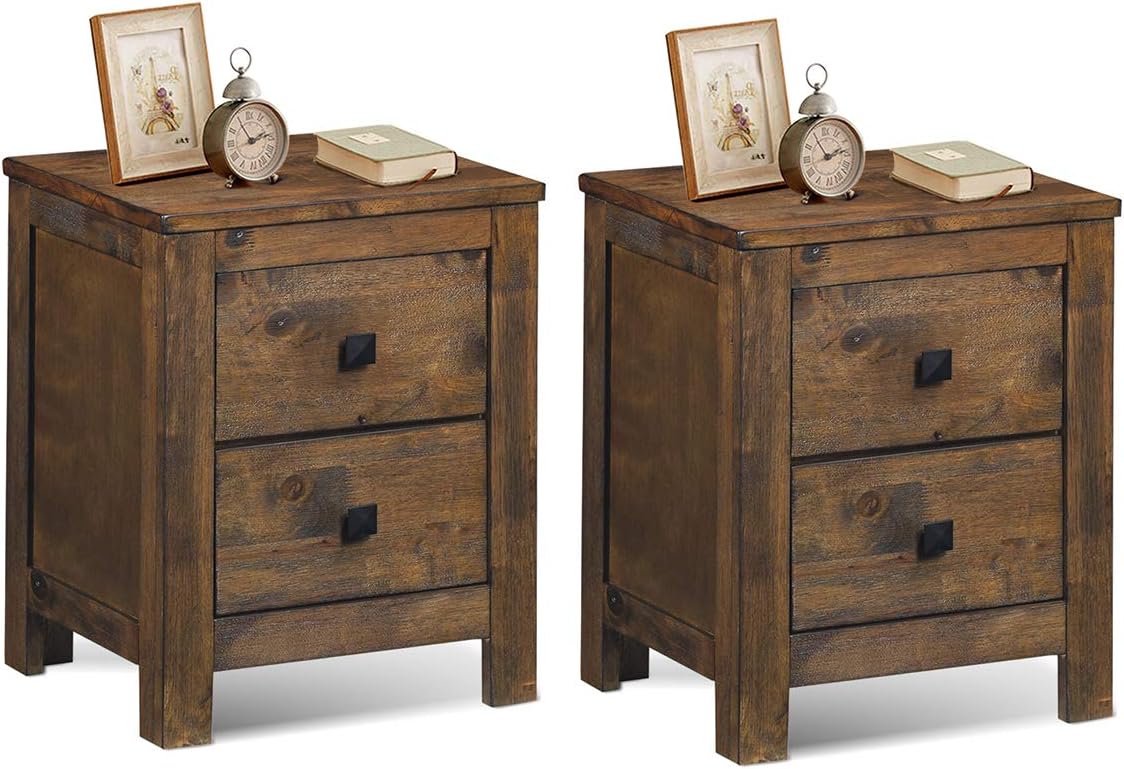 Giantex Nightstand with Drawer Set of 2, Fully-Assembled 2-Drawer Bedside Tables with Exquisite Knobs for Bedroom, Rustic Night Stand Side Table for Small Space, Walnut