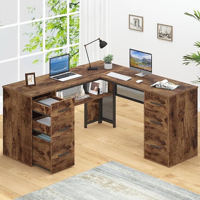 Shaped Corner Home Office Desk with Drawers, Large Computer Desk with Storage File Cabinet Shelves, Rustic Wood Metal Computer Table for Bedroom Executive Work Study Writing, Dark Gray, 59 Inch