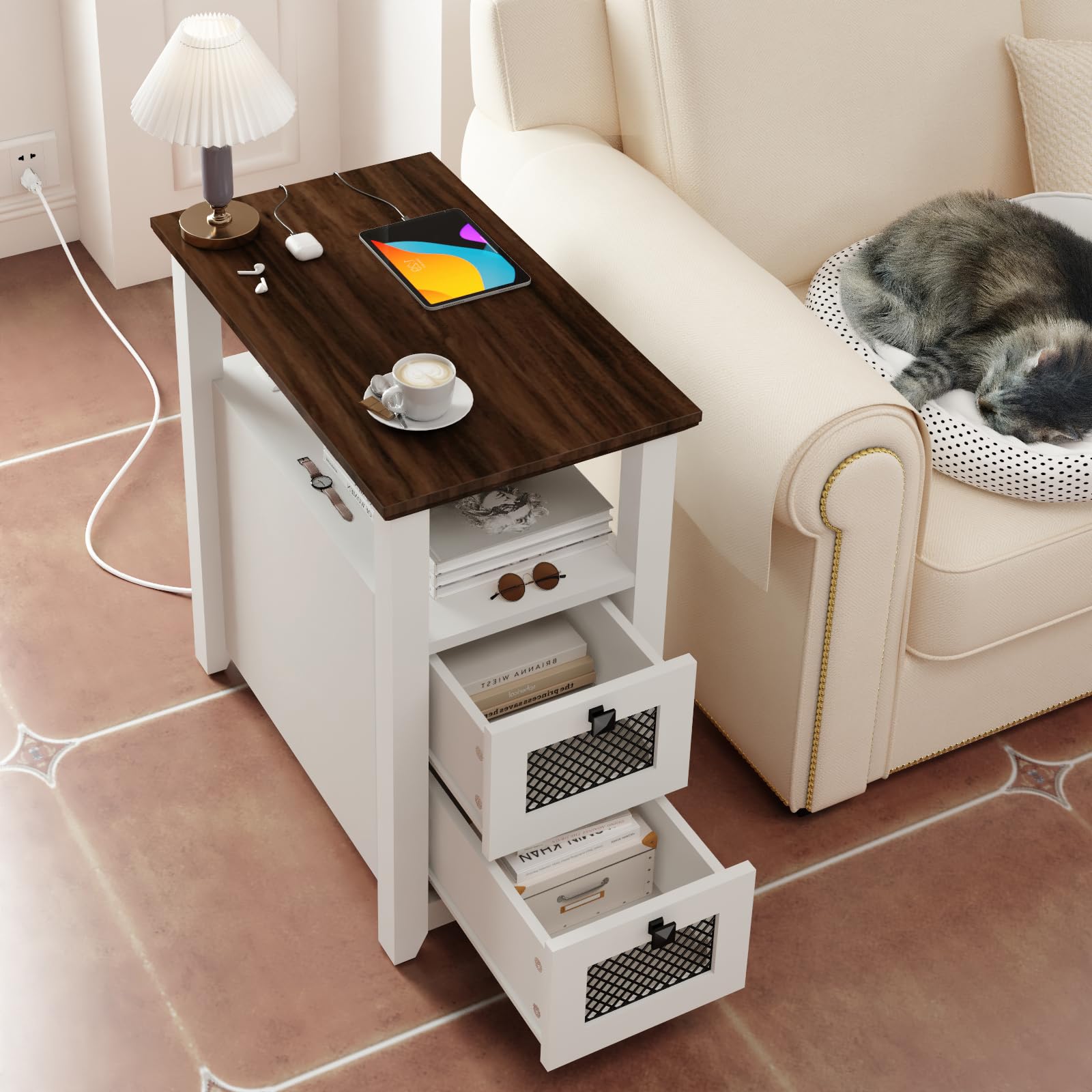 Farmhouse XXL End Table with Charging Station, Narrow Side Table