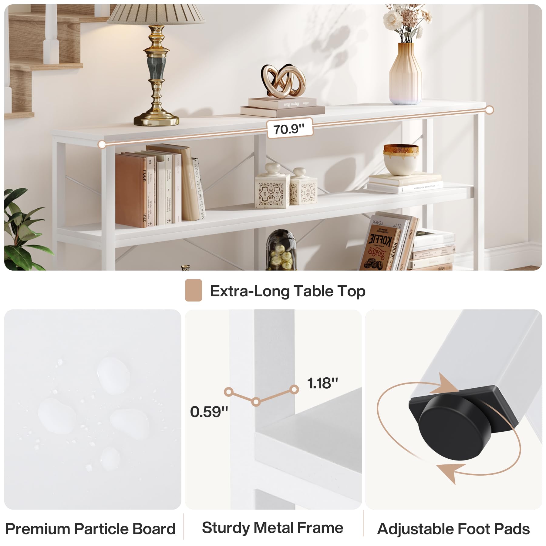 70.9-Inch Console Table, 3-Tier Industrial Sofa Table with Metal Frame