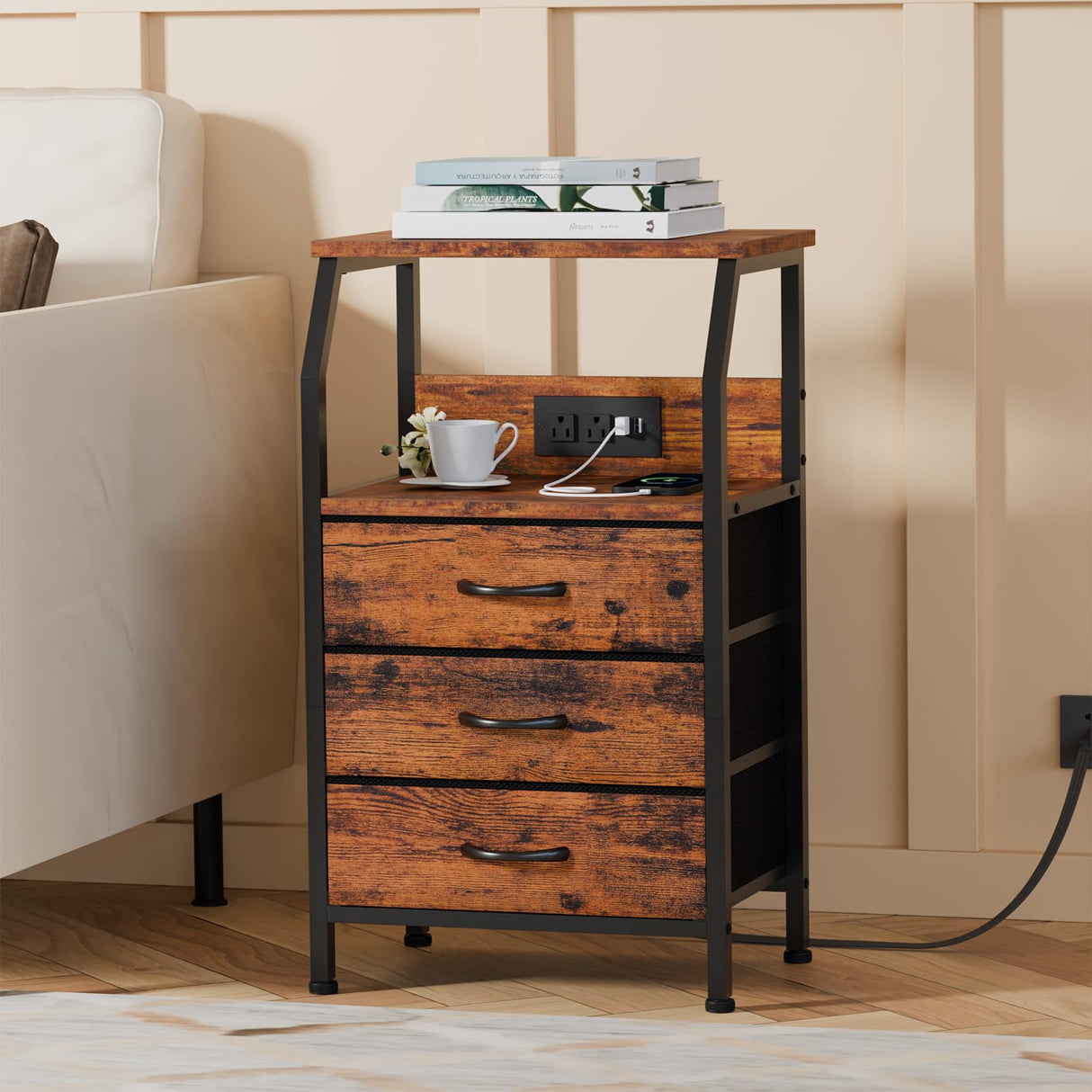 Night Stand with Charging Station, Small Bedside Table with Wood Shelf, End Table