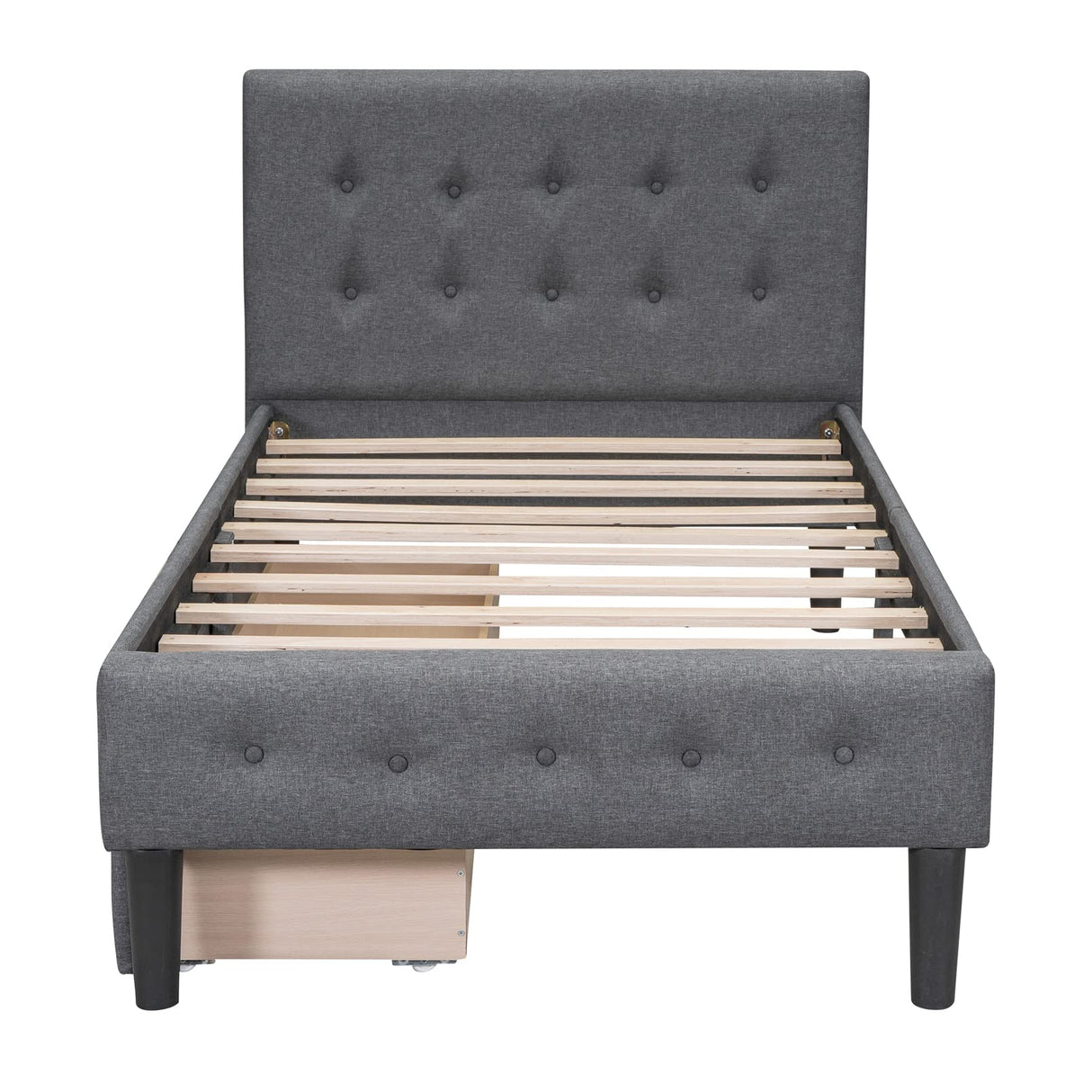 Twin Size Wooden Upholstered Platform Bed Frames with 2 Storage Drawers