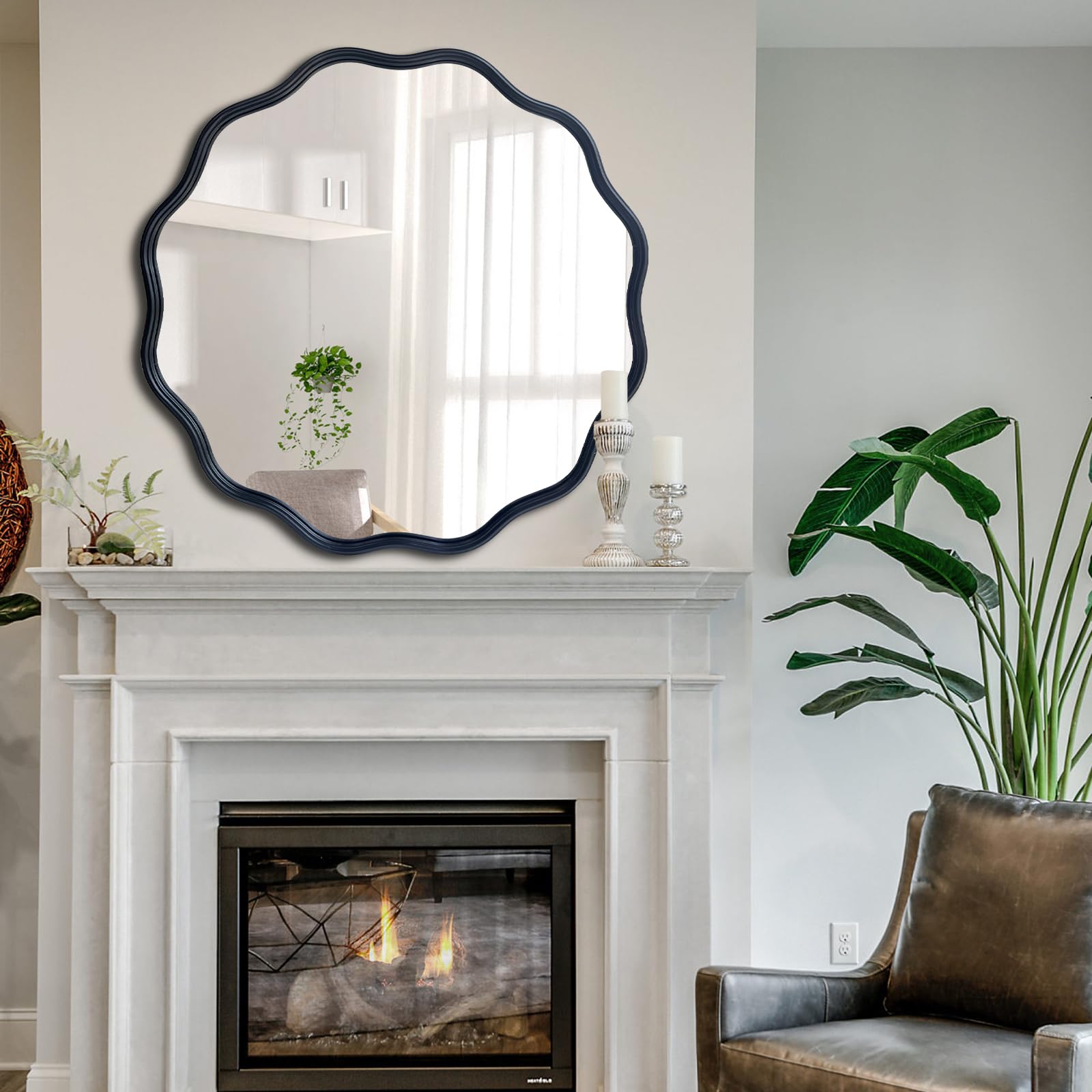 Black Round Mirror, 30" Bathroom Wavy Mirror, Wall Mounted Mirror