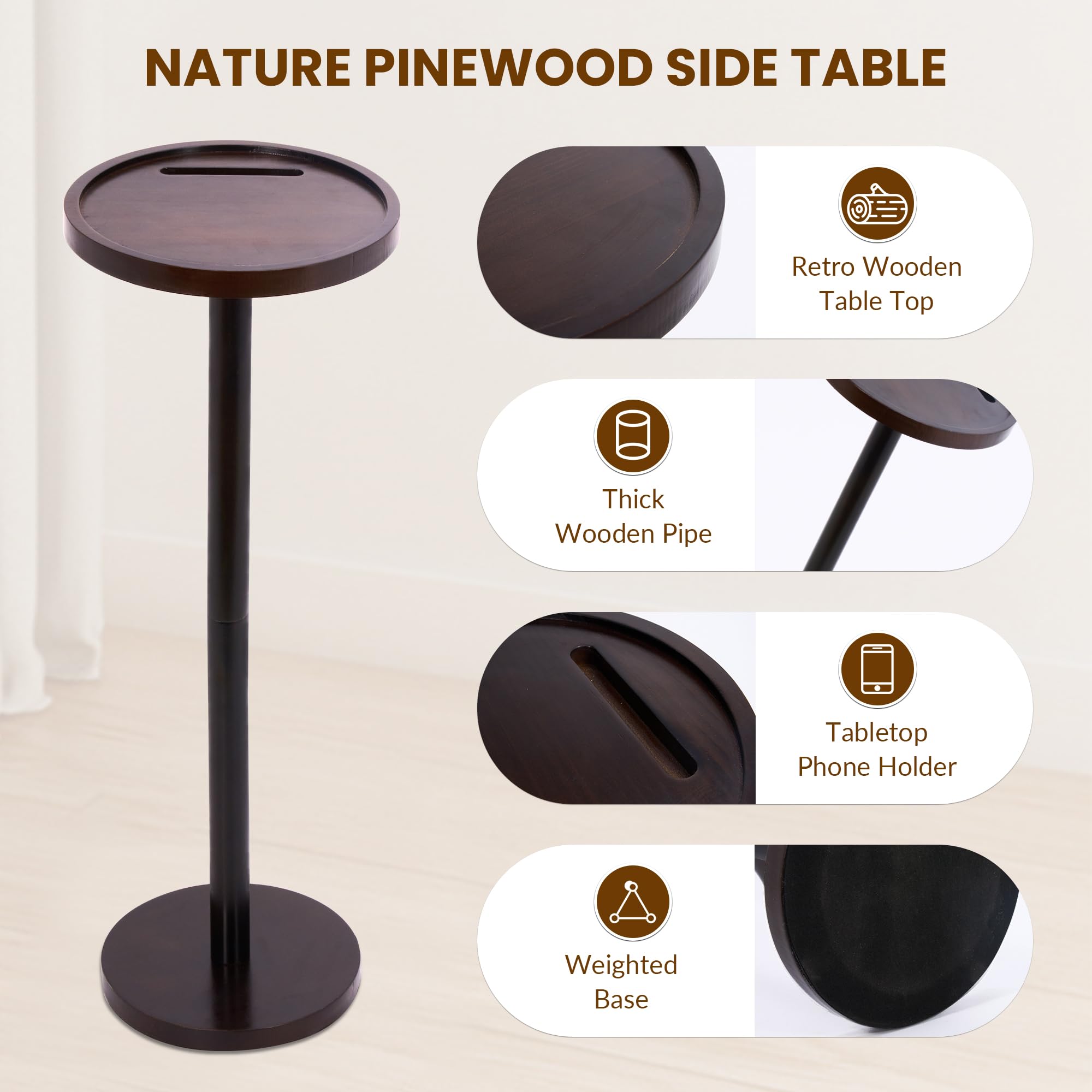 GENMOUS Small Round Pedestal Side Table, End Table with Phone Holder, Vintage Pine Side Table with a 9 inch Top, Drink Table/Night Stand/Beside Table for Samll Spaces, Living Room, Bedroom