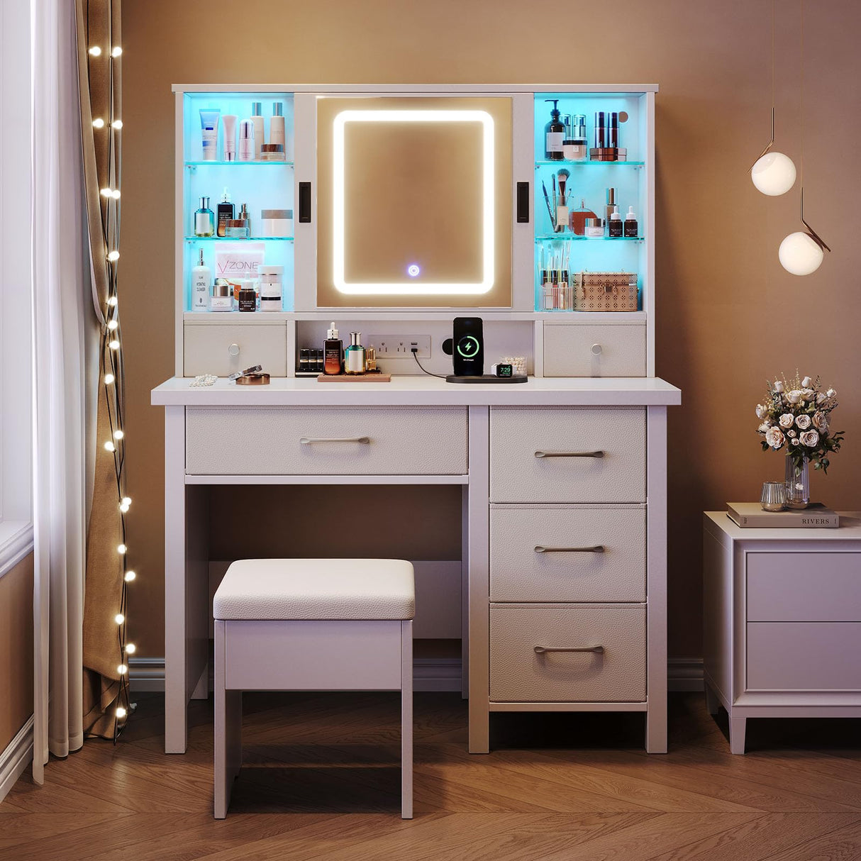 Vanity Desk with Lighted Sliding Mirror & Power Outlet, Vanity Table Set with Chair