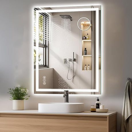 Bathroom Mirror 24 x 36 Inch Anti-Fog Bathroom Mirror with Led Illuminated Mirror, Wall Mounted Lighted Vanity Mirrors for Wall with 3 Colors Dimmable, Touch Switch Smart Mirror