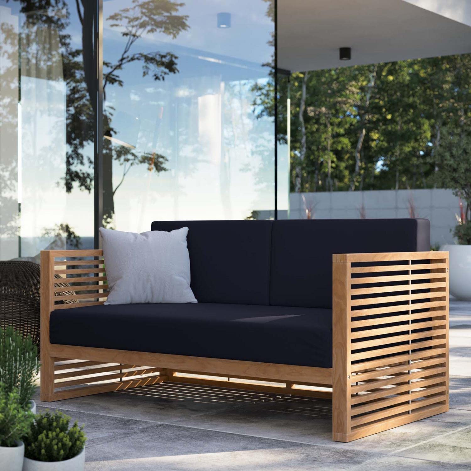 Carlsbad Modern Teak Wood/Fabric Patio Loveseat in Navy/Natural