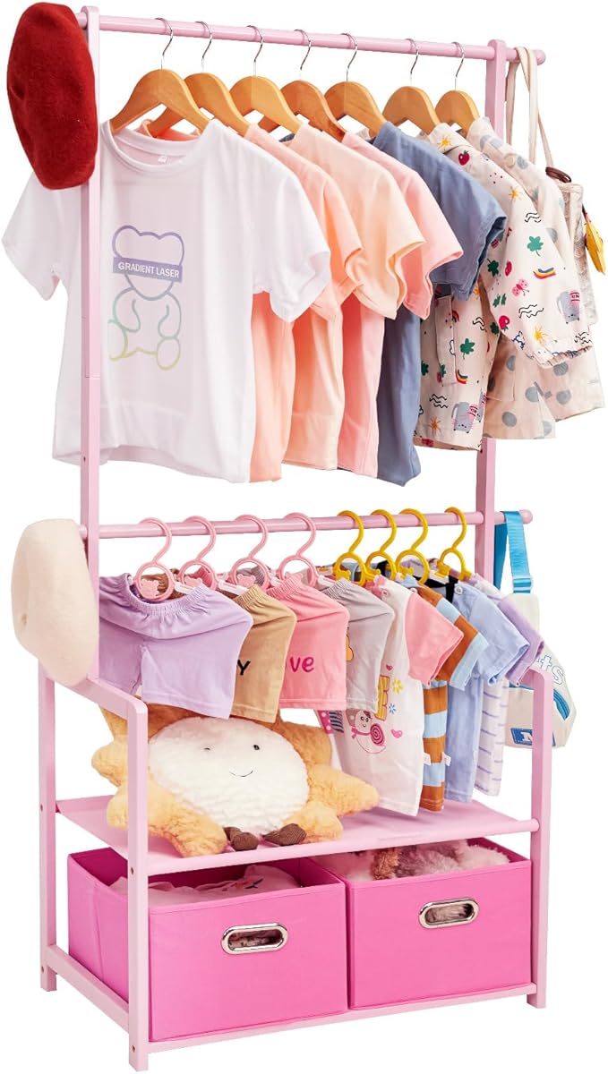 Kids Clothing Rack Bamboo with 2 Storage Baskets and 2 Adjustable Hanging Rods