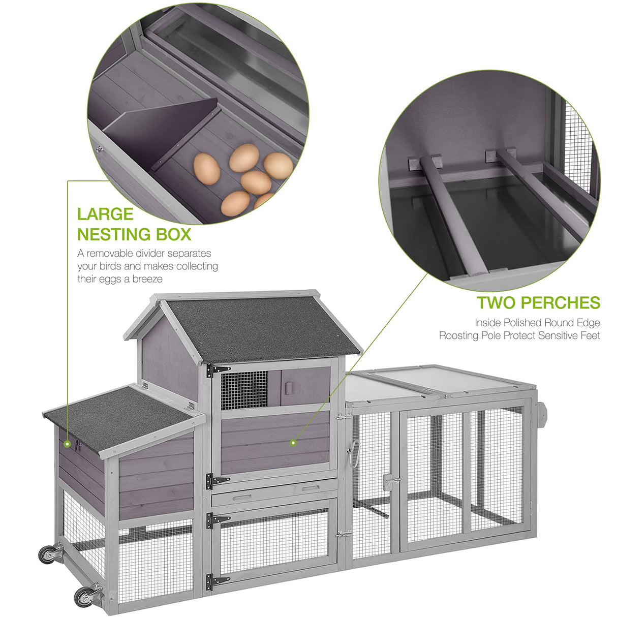 81in Mobile Chicken Coop Multi-Level Hen House, Wooden Poultry Cage for 3-5 Chickens