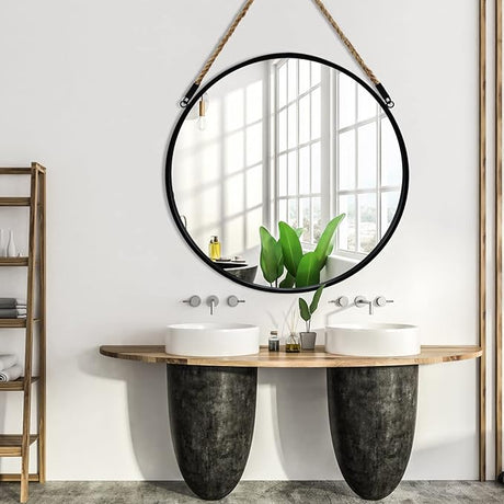 Round Hanging Mirror, Circle Wall Mirror with Rope, 20 Inch Farmhouse Mirror for Bathroom