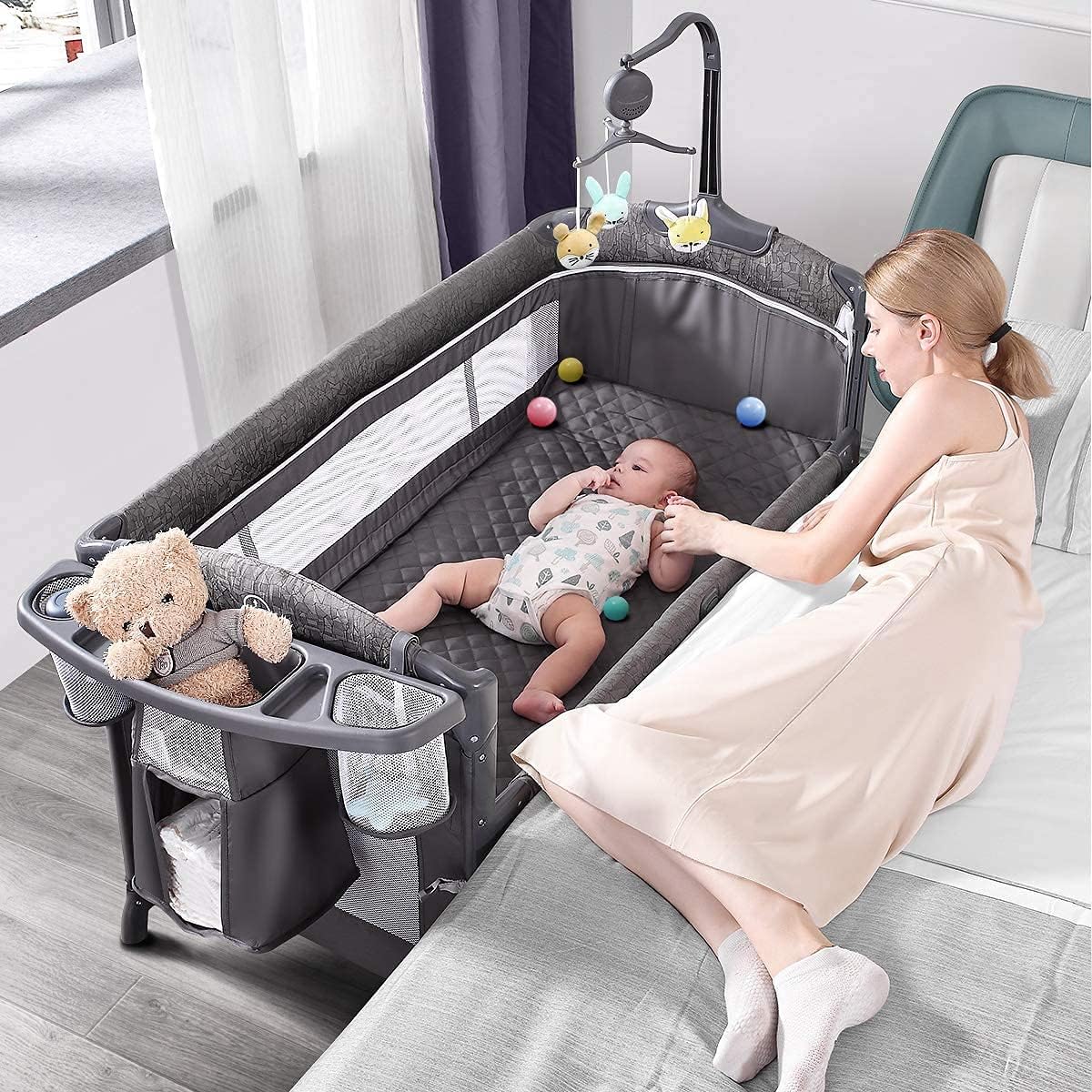 Baby Bassinet Bedside Crib, Pack and Play with Mattress, Diaper Changer