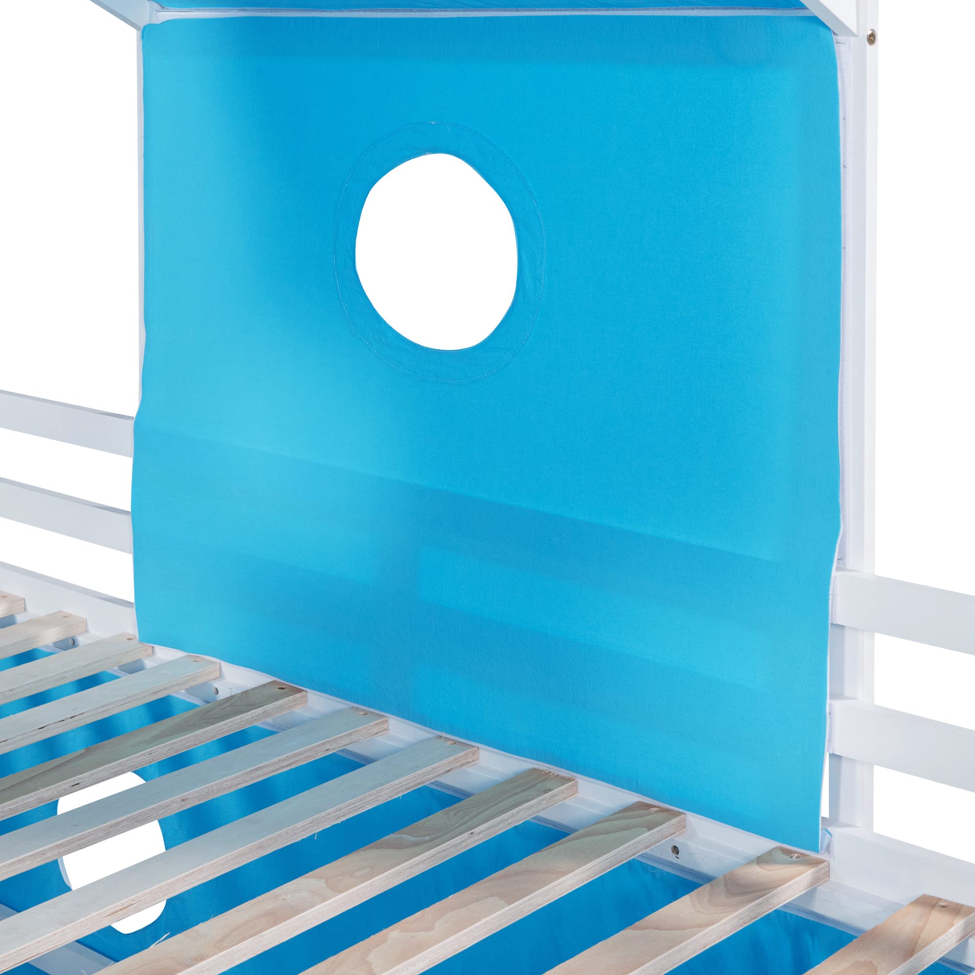 Twin Size Low Loft Bed with Slide & Curtains and Tower, Solid Wood Loft Bed Frame with Tent, Twin Over