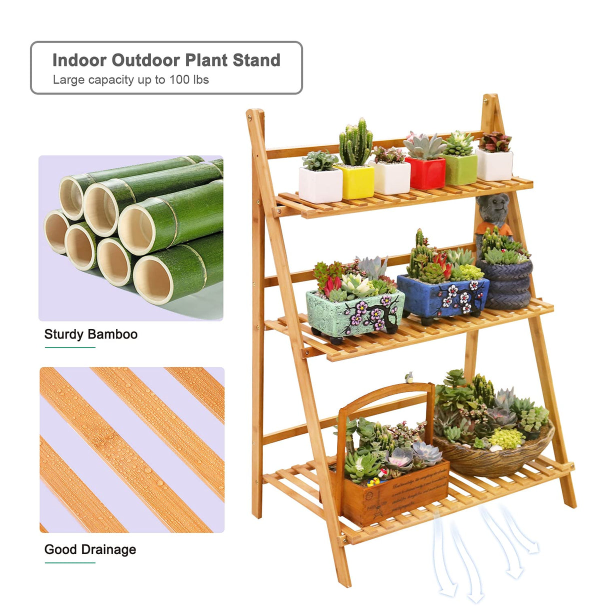 Bamboo Ladder Plant Stand 3 Tier Foldable Flower Pot Display Shelf Rack