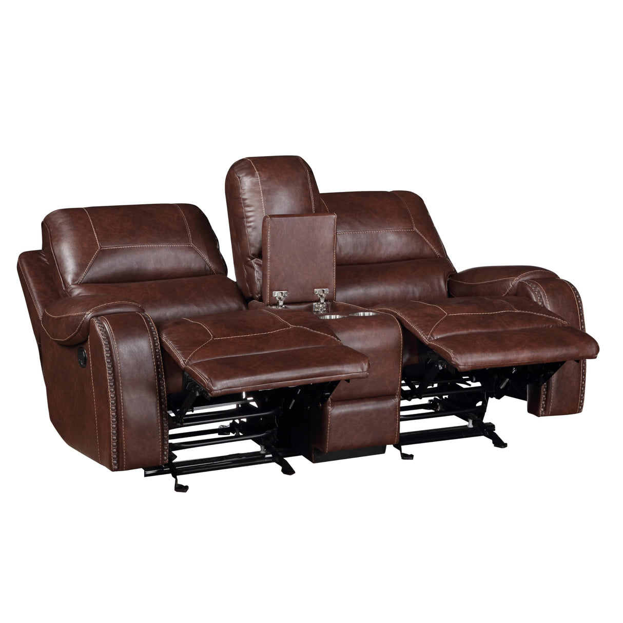 Manual Motion Glider Loveseat, Vegan Leather, 2-USB Charging Ports, 2-Cupholders, Dual