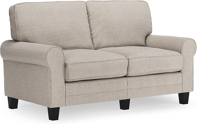 Copenhagen Rolled Arm, Easy Care Polyester, Soft Pillow Back, Pocket Coil Seat Cushions, Removable Covers, Loveseat or Couch for Small Spaces, Living Rooms or Bedrooms, 78" Sofa, Buckwheat