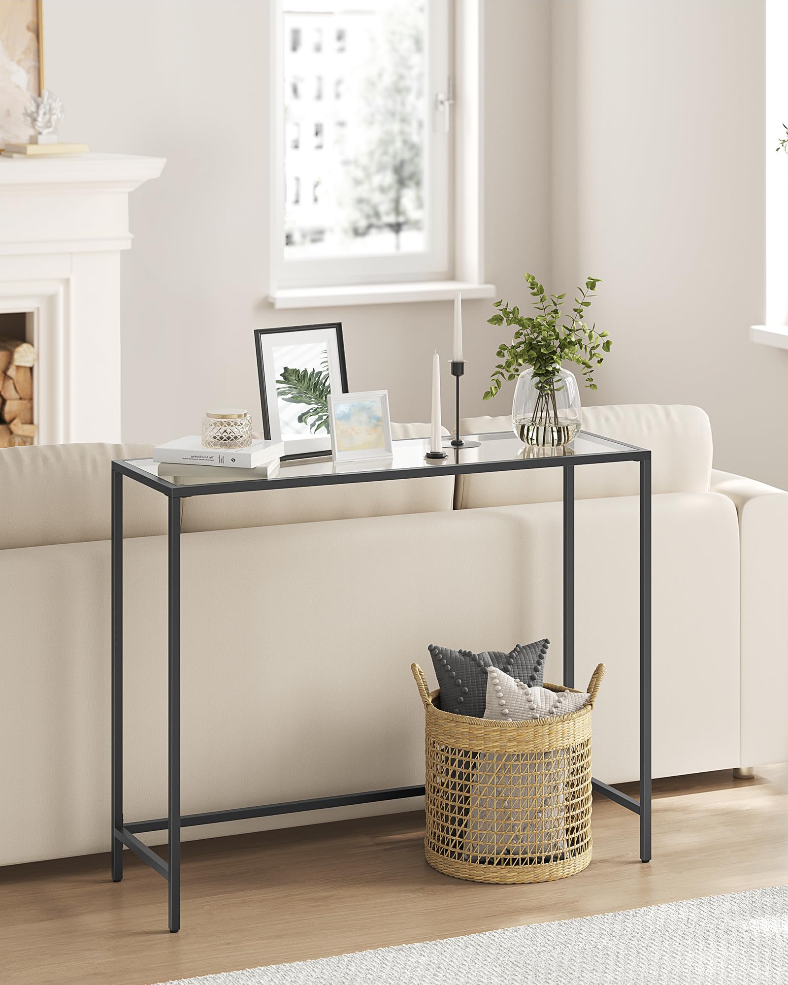 39.4 Inches Console Table, Tempered Glass Sofa Table, Modern Entryway Table, Metal Frame, Easy