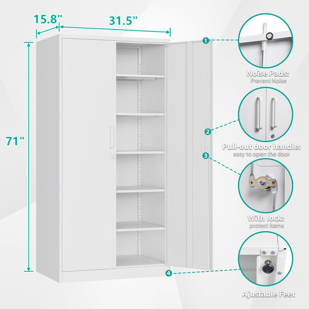 SISESOL White Metal Storage Storage Cabinet with 5 Adjustable Shelves,Metal Cabinet with Locking Doors,Steel Pantry Cabinet with Lock,71" Lockable Storage Cabinet for Home,Office,Garage,Kitchen,Shop