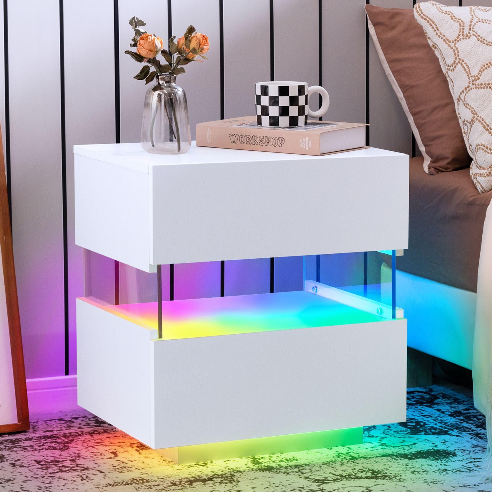 White Night Stand LED Nightstand with 2 Drawers Modern Bedside Tables for Bedroom