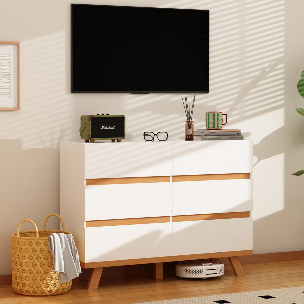 White 6 Drawer Dresser for Bedroom, Modern Wooden Storage Organizer