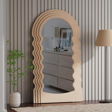 72x40" Arched Floor Mirror Freestanding, Wavy Mirror Oversized Floor Standing Mirror Full Body Mirror for Bedroom, Hanging Mounted Mirror for Living Room Cloakroom (Beige, 72x40")