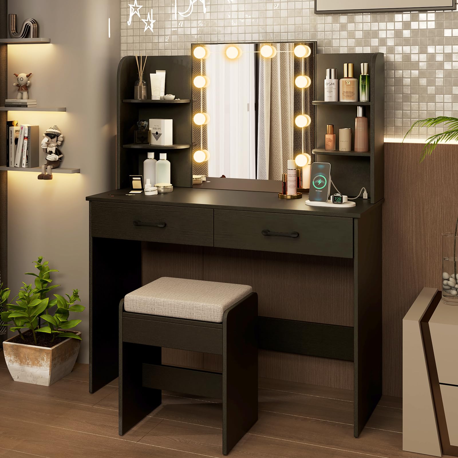 Makeup Vanity Desk with Lighted Mirror, Dressing Table & Stool Set with Charging Station, 3-Color Adjustable LED Lights, Drawers & Open Shelves for Bedroom (Black)