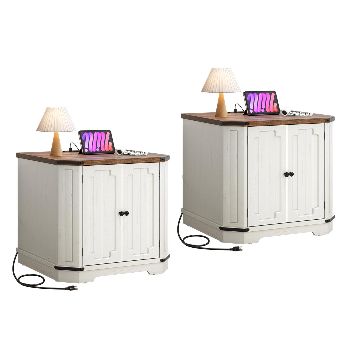 End Tables Living Room Set of 2, Farmhouse Night Stand with Power Outlets and Adjustable