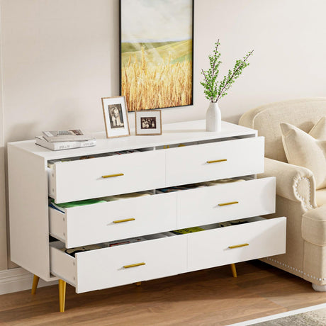 White Dresser for Bedroom, 6 Drawer Dresser with Wide Drawers and Gold Metal Handles