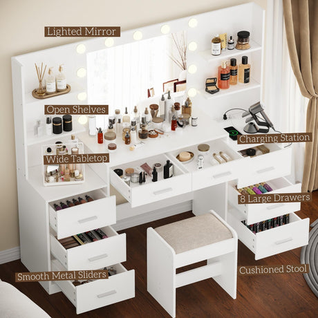 Desk Set with Mirror & Lights, Makeup Vanity with Stool and Charging Station, Makeup Desk with Drawers & Open Storage Shelves, Bedroom Vanity Table Set, White WDT006WD