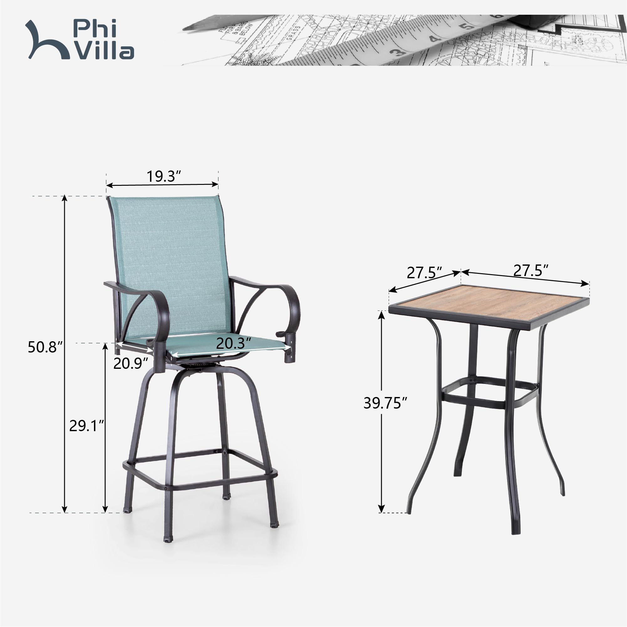 PHI VILLA 5 Piece Outdoor Bar Set, High Top Patio Bistro Bar Table and 4 Outdoor Swivel Bar Stools Chairs with Teal Textilene Fabric for Outside, Balcony, Garden and Yard