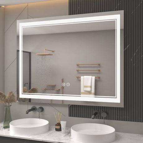 OKPAL 48 x 40 LED Bathroom Mirror, Large Lighted Bathroom Mirror, LED Bathroom Vanity Mirror with Lights, Dimmable, Anti-Fog, Shatterproof, 3 Colors, Wall Mounted Horizontal/Vertical