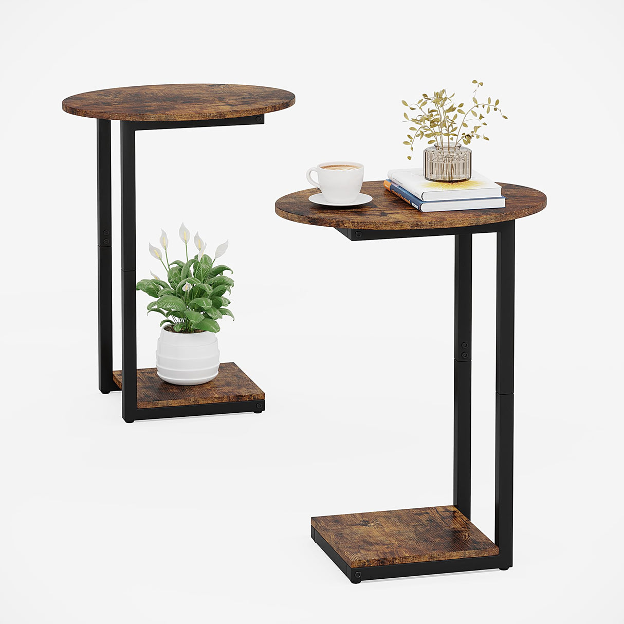 Small Side Table Set of 2 - C-Shaped Wood Sofa End Table with Metal Frame