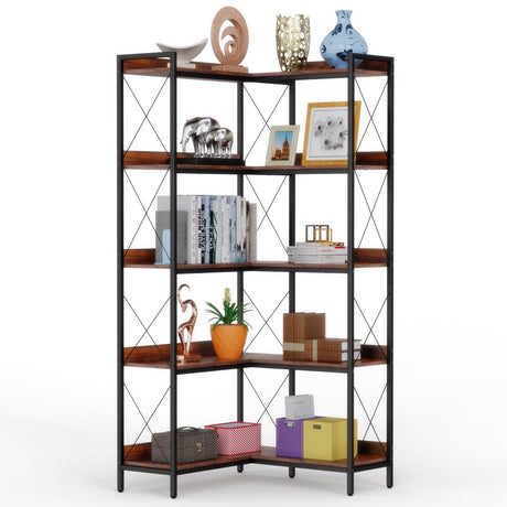 5 Tiers Corner Bookshelf Bookcase, Industrial L-Shaped Bookshelf with Baffles Etagere Shelf Storage Rack with Metal Frame for Living Room, Bedroom, Home Office, Brown