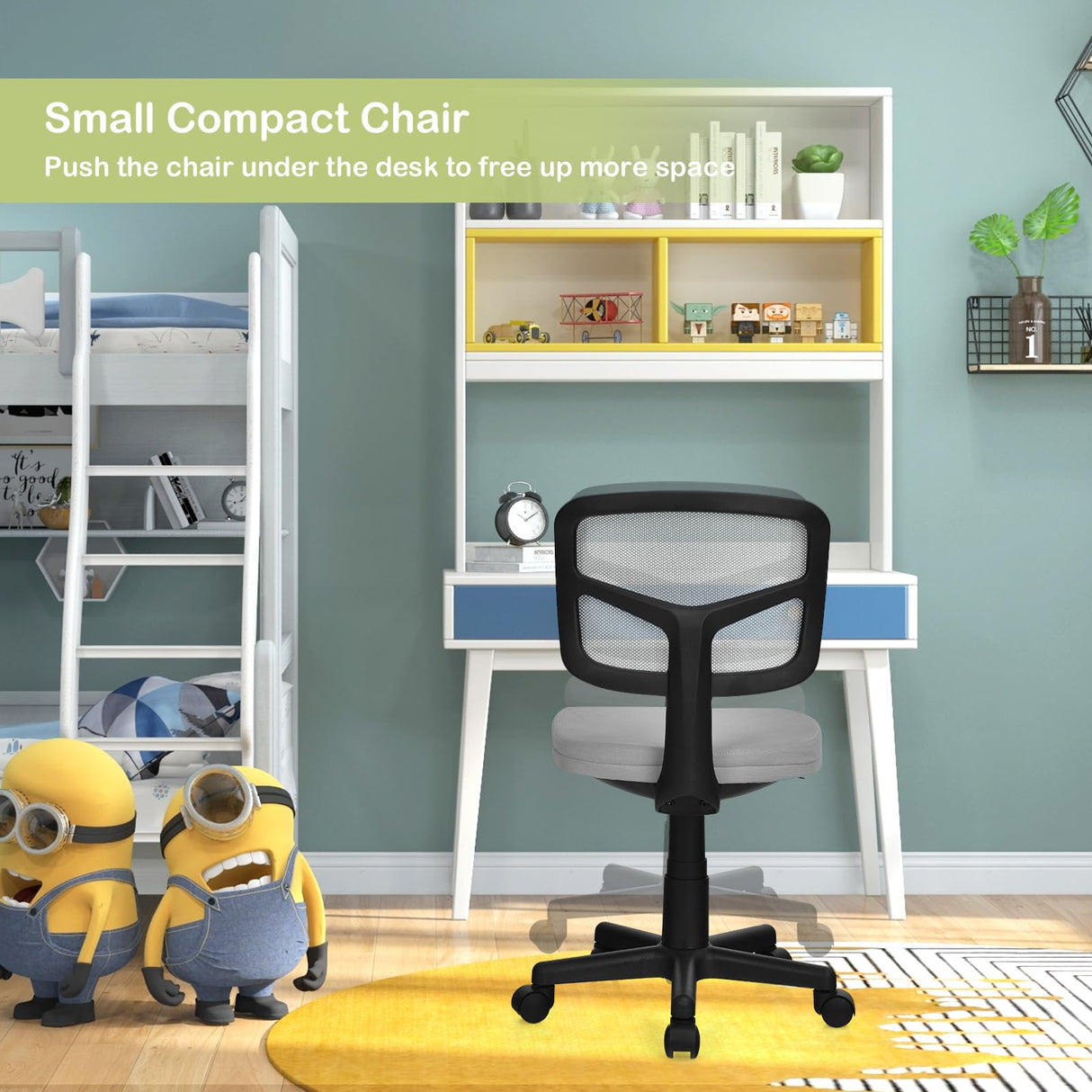 Low-Back Mesh Computer Chair Armless Ergonomic Office Chair with Adjustable Height, Y-Shaped Support for Teens Kids, 360° Swivel Task Chair for Home Office School (Grey)