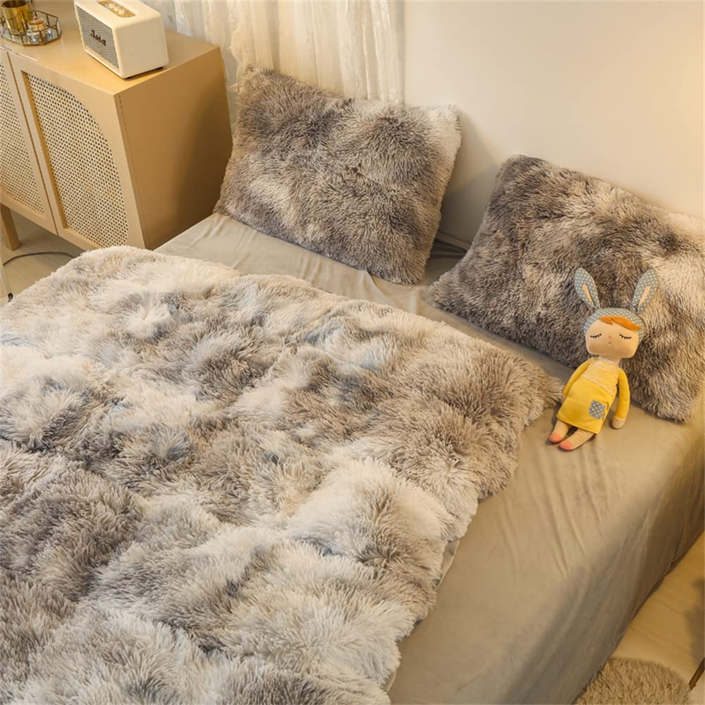 Faux Fur Tie-Dyed Black White Gray Colorful Comforter Cover Duvet Cover Queen