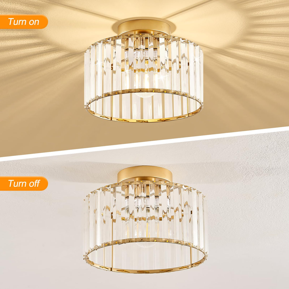 Modern Gold Semi Flush Mount Ceiling Light Crystal Hallway Light Fixture Metal Close