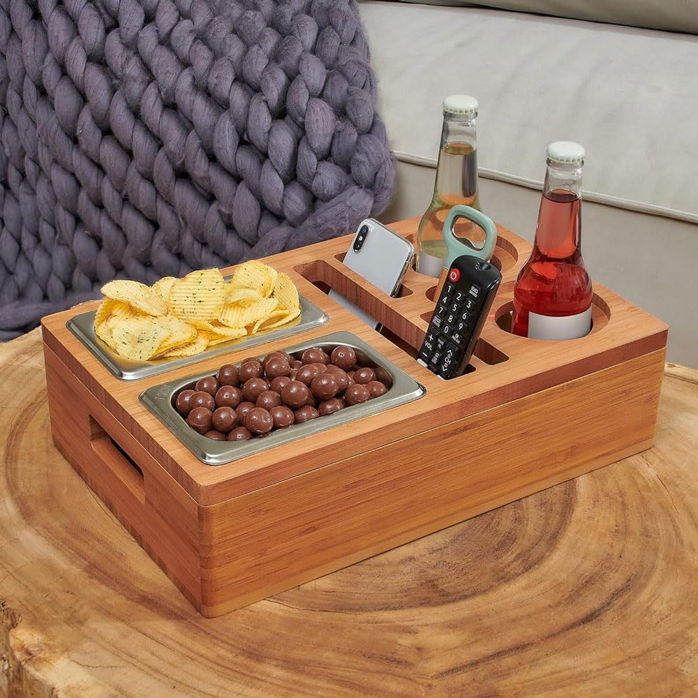 Bamboo Snack Tray Cup Holder - Food Caddy for Eating on Couch, Bed, Sofa