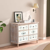 Dresser for Bedroom, Washed White 6 Drawer Dresser with Carved Flower Pattern