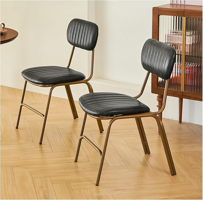 mid Century Modern Retro Faux Leather Dining Chairs Set of 2, Upholstered Seat backrests Metal Plated Legs