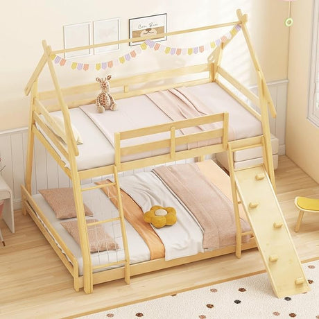 Twin Over Queen Bunk Bed, Wood House Bunk Bed for Kids with Climbing Nets and Ramp