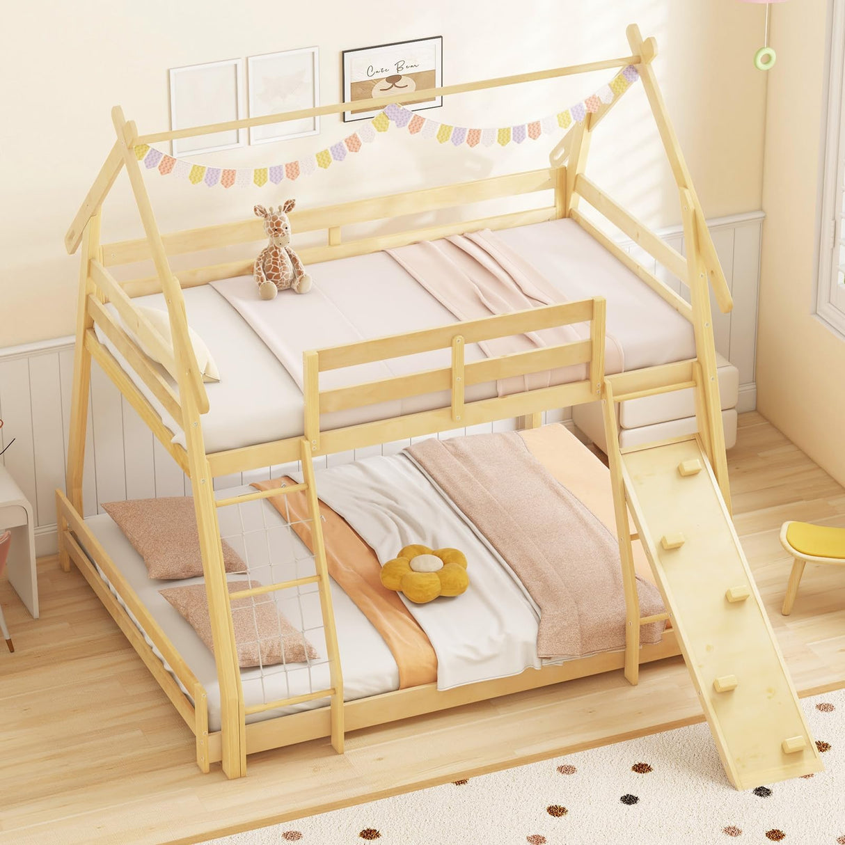 Twin Over Queen Bunk Bed, Wood House Bunk Bed for Kids with Climbing Nets and Ramp