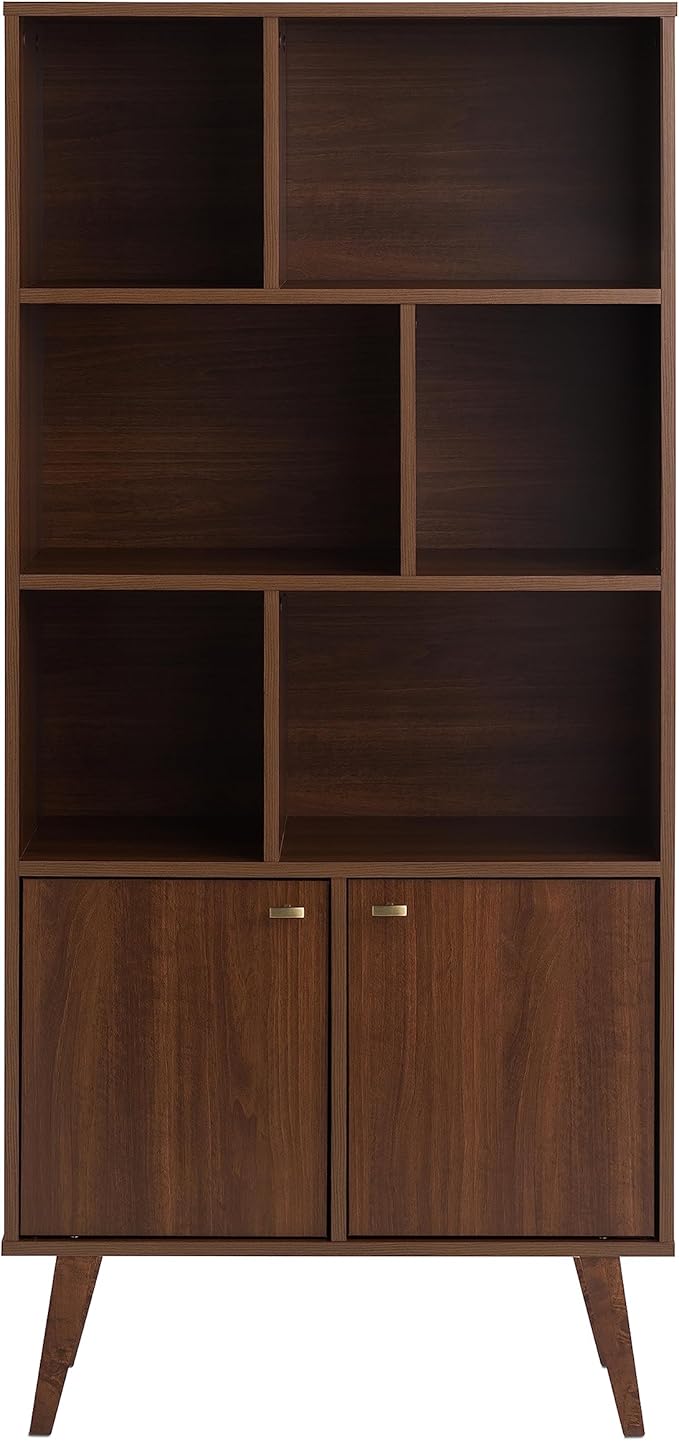 Mid-Century Modern Bookcase with Six Shelves, Two Doors, and Brushed Brass-Finished