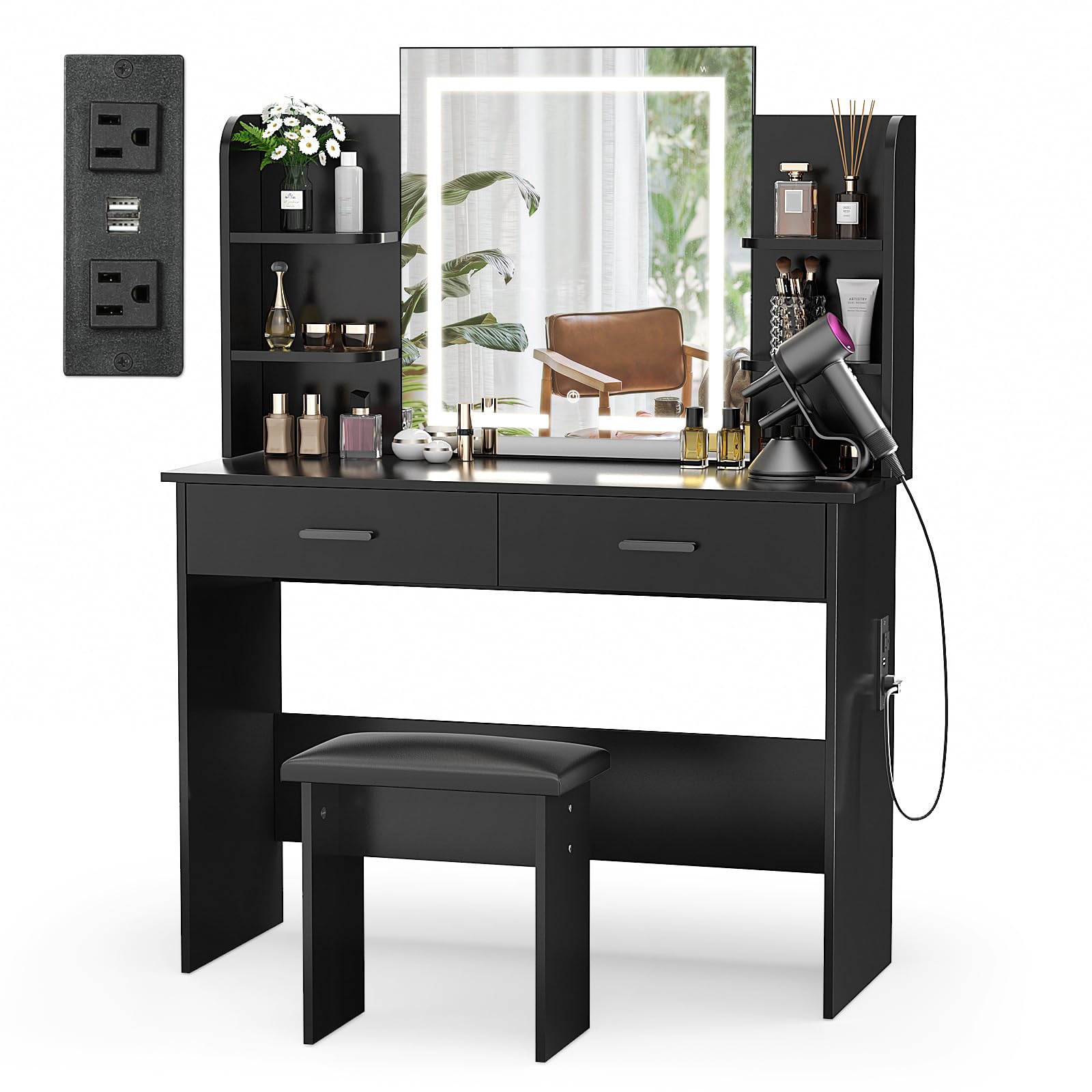 with Lighted Mirror, Makeup Vanity Desk with Power Outlet, 3 Color Light Options Adjustable Brightness,