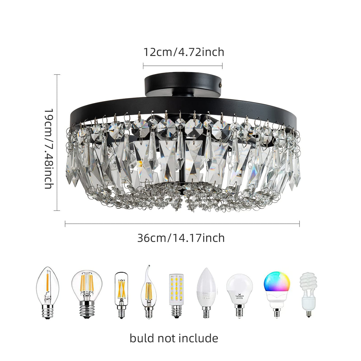 Black Crystal Ceiling Light 4 Light Semi Flush Mount Ceiling Light Crystal Close to Ceiling