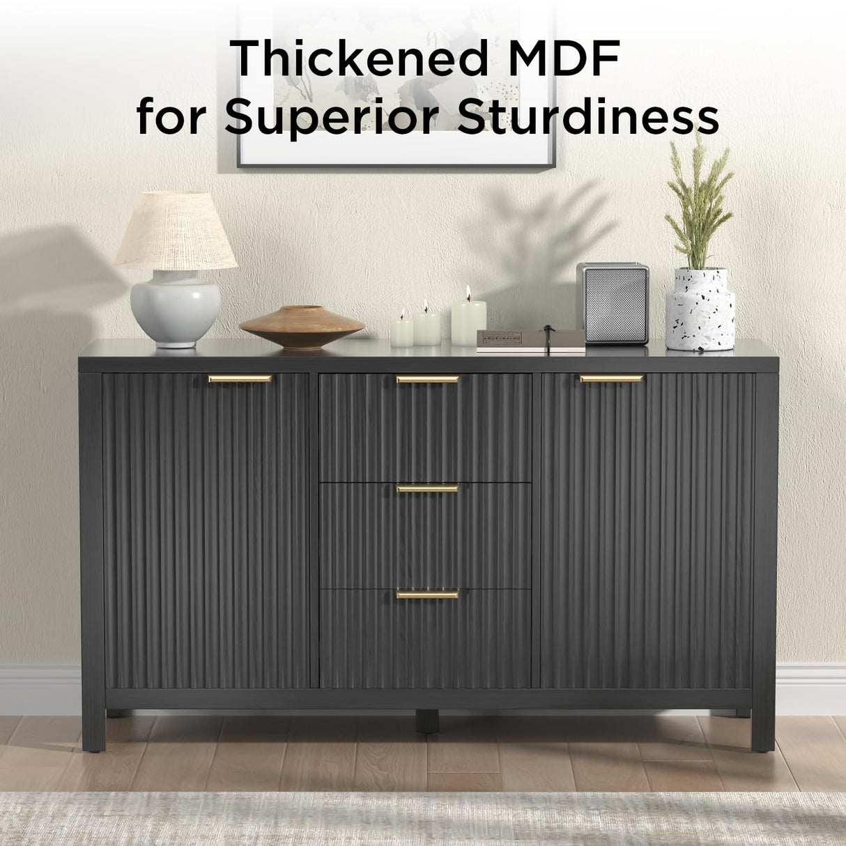 Storage Cabinet Fluted Sideboard Buffet Cabinet with 2 Doors and 3 Drawers