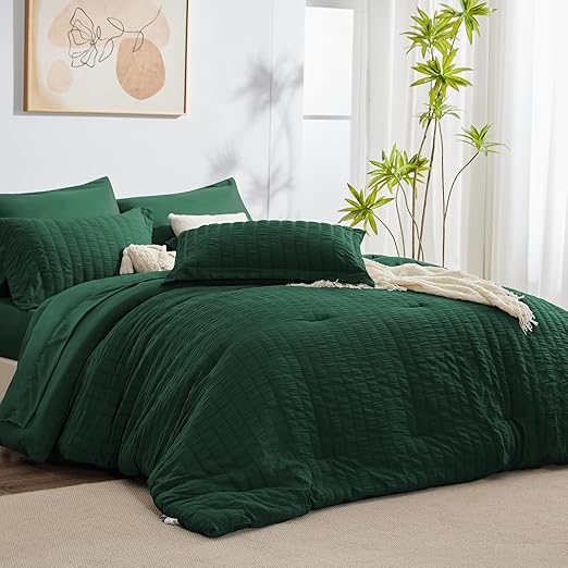 King Seersucker Comforter Set with Sheets Beige Bed