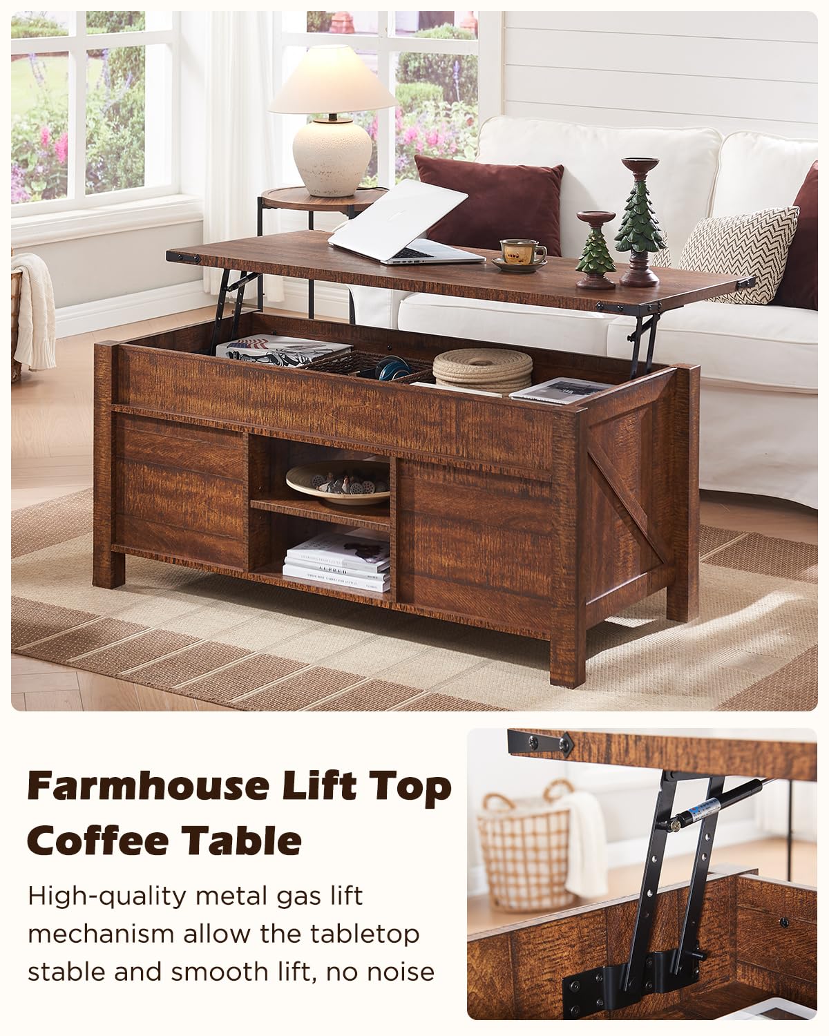 48" Farmhouse Lift Top Coffee Table with Sliding Barn Door,Rustic Center Table