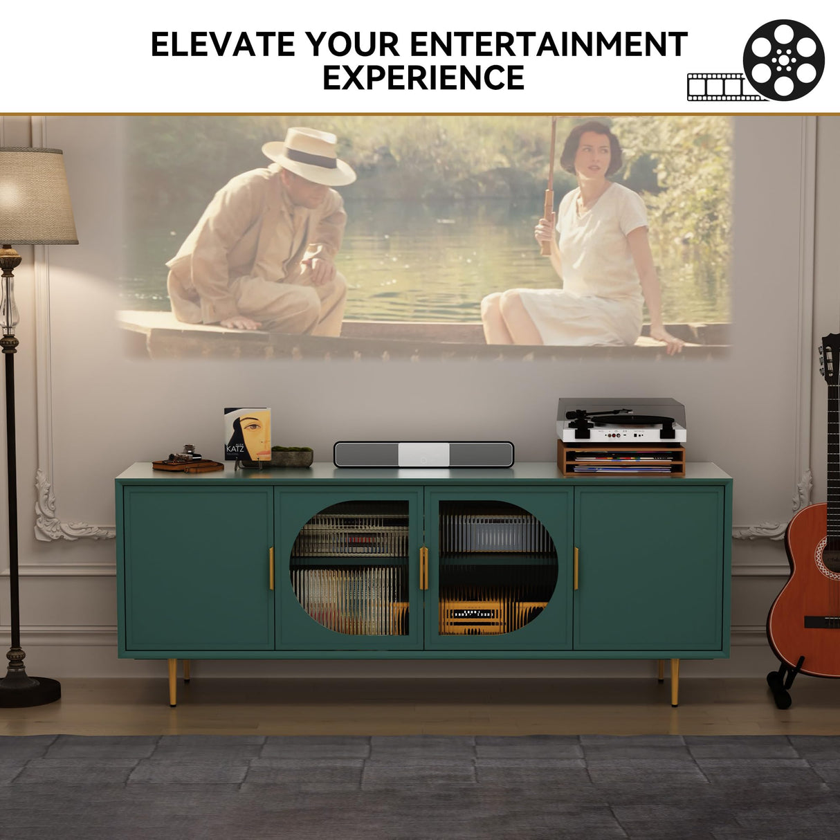 Modern TV Stand for TVs up to 70+ inch, Glass Door Television Console Table