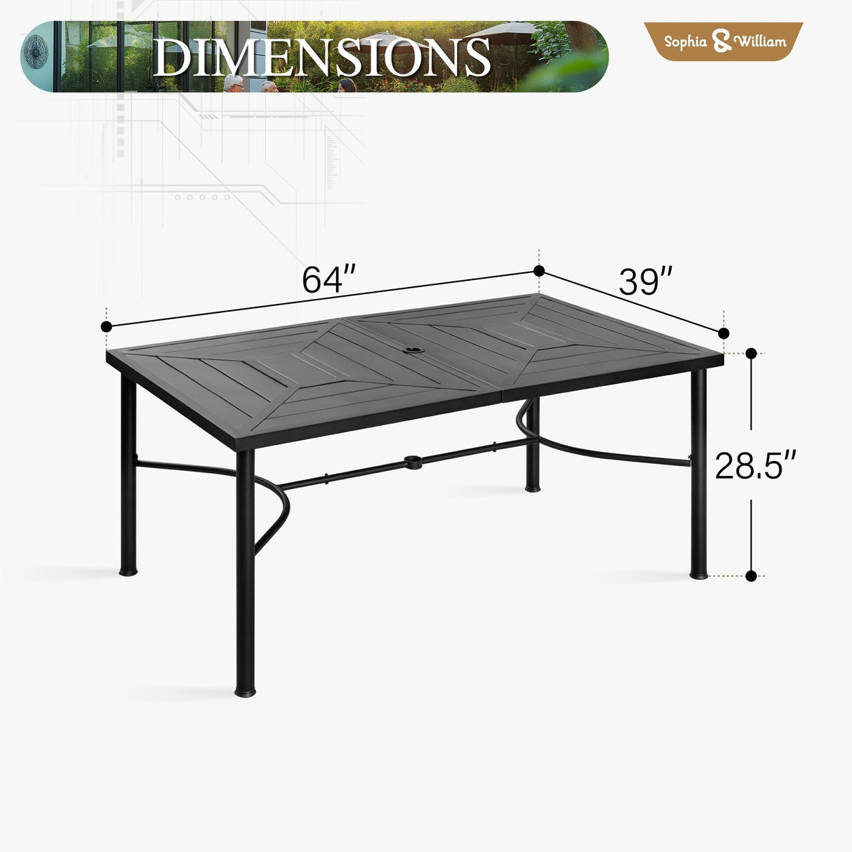 64" Large Outdoor Dining Table, Rectangular Metal Patio Table for 6