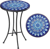 Mosaic Outdoor Side Table, 14" Round Folding Plant Stand for Patio Garden Backyard