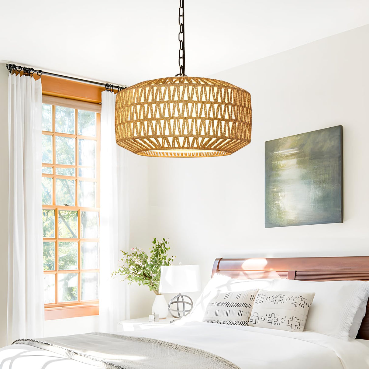 Farmhouse Chandelier Light Fixture, 5-Light Rattan Boho Chandeliers for Dining Room